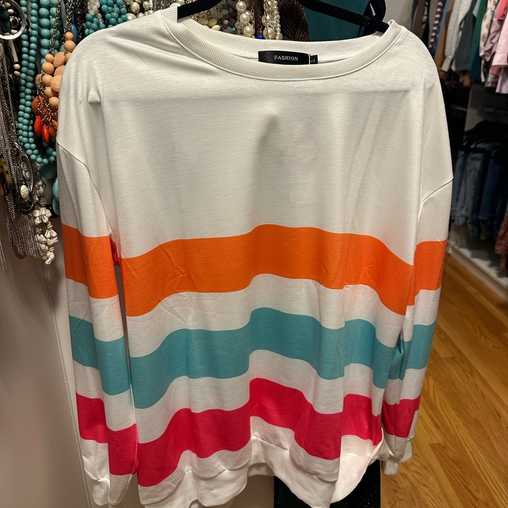 LEANI Women Casual Long Sleeve Crewneck Top Oversized Rainbow Striped